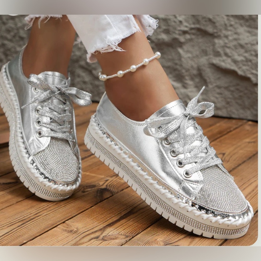 Sz 8.5 Platform Slip-on Sneakers, White Shoes Womens Diamond Encrusted silver